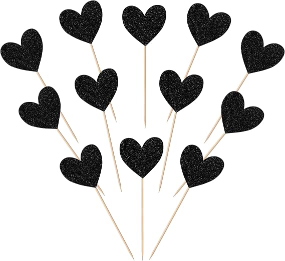 40 Pack Red Heart Cupcake Toppers Glitter Love Heart Valentine Cupcake Picks for Valentine's Day Theme Wedding Engagement Bridal Shower Birthday Party Cake Decorations Supplies Black