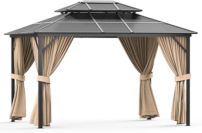 Asypets Outdoor Patio Gazebo Canopy Tent - 13x10ft, Aluminum Alloy  PC Solar Panel, Double Roof, Suitable for Lawn, Garden, Backyard, and Deck,Khaki Top