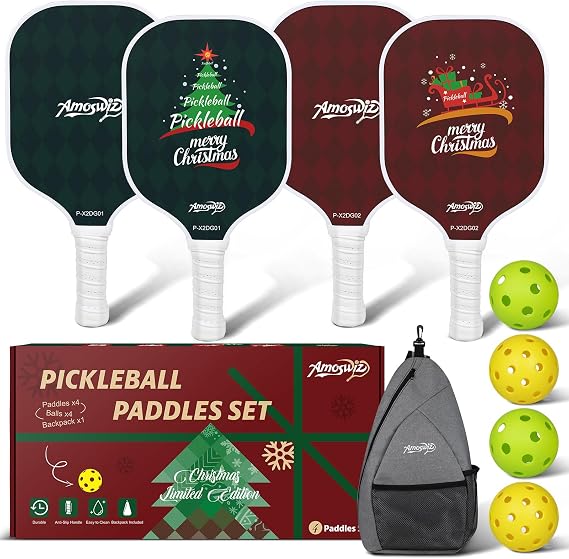 Family Fiberglass Pickleball Paddle Set of 4 | 2 Adult & 2 Kids Paddles, Honeycomb Core, 4 Pickleballs and Carry Bag for Family Fun and Beginner Play