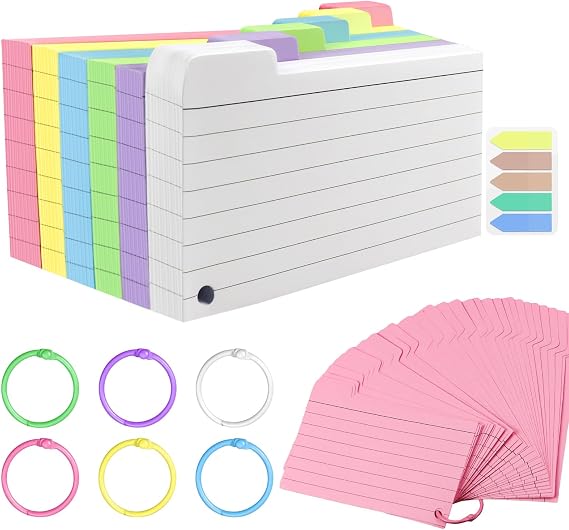 300 Pack Index Cards, 3" x 5" Ruled Index Cards with Ring, Colored Lined Flash Cards, Both Sides Note Cards Study Cards, Memo Scratch Pad for Office School Home (6 Colors)...
