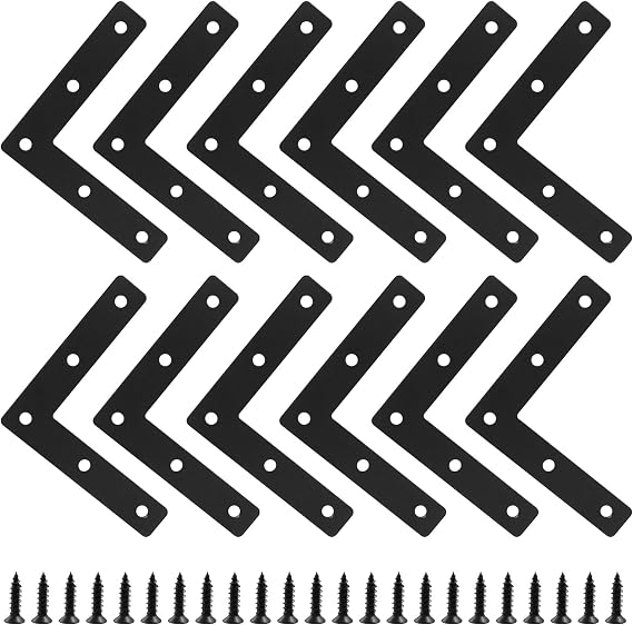 Bonsicoky 12 Pack L Shape Flat Bracket, 3.15" x 3.15", Black | Stainless Steel, Flat Corner Brackets, For Wood Furniture, Cabinet, Windows, Desks