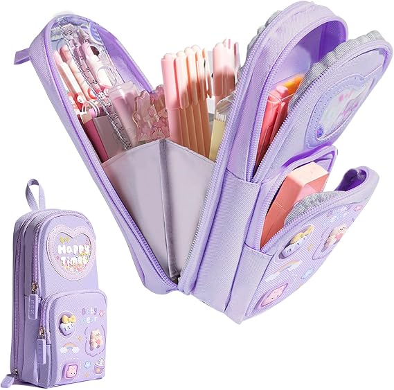 Pencil Case, with 3 Compartments, Purple | Aesthetic Cute Pencil Case for Girls, for Kids Boys Girls Adult