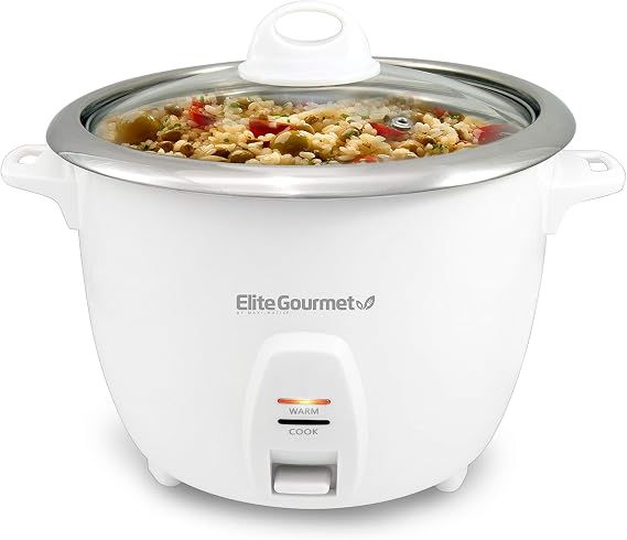 Elite Gourmet ERC-2010 Rice Cooker, Stainless Steel, White, 10 Cups Cooked