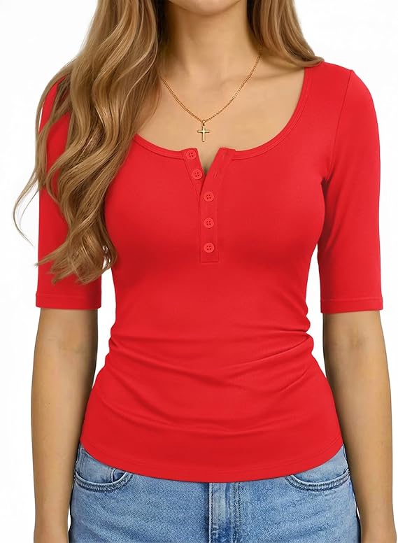 ALGALAROUND Women Top Henley Button Down T Shirts Half Sleeve Tops Summer T-Shirt Basic Shirt Casual Going Out Slim Fit Y2K 2026 Spring Fashion Vacation Outfits