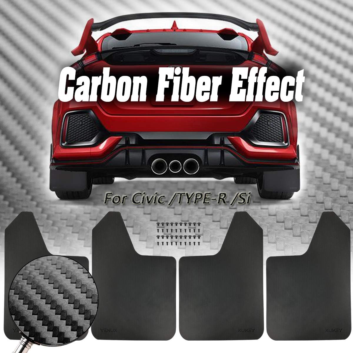 XUKEY Sporty Mud Flaps For Honda CivicType RSi SedanHatchbackCoupe Mudflaps Splash Guards Mudguards Carbon Fiber Effect SET-4PCS