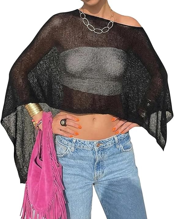 Y2K Sheer Knit Poncho Tops for Women Lightweight Summer Beach Shrug Shawl Bolero Off Shoulder Mesh Sweater Cover Up