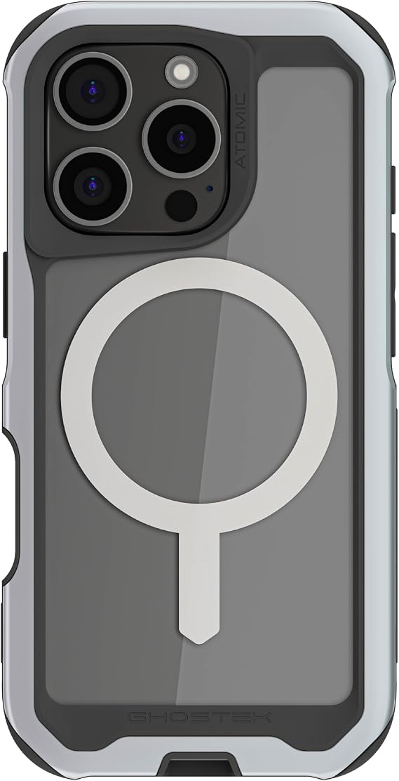 Ghostek Atomic Slim iPhone 16 Pro Case - Aluminum Metal Frame Shockproof iPhone Case - Non-Slip Grip, Compatible with Apple MagSafe Accessories iPhone 16 Pro Case MagSafe (6.3") (Silver)
