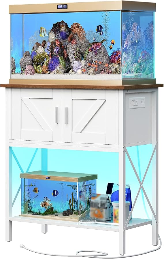 HOOBRO 20 Gallon Fish Tank Stand with Power Outlets and LED Light, Metal Frame Aquarium Stand, Reptile, Turtle Tank Stand with Cabinet Storage, 300 LBS Capacity, White and Walnut WH40UDFT01