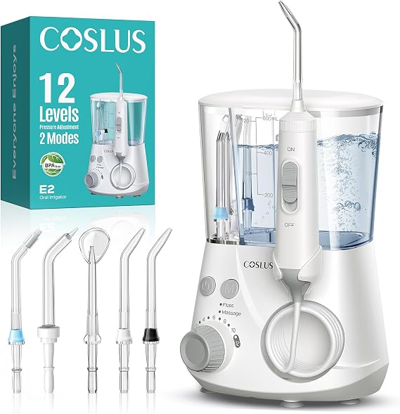 COSLUS E2 Advanced Water Flosser for Teeth: 2 Modes & 12 Pressure Settings Electric Dental Pick for Orthodontic, Braces, Sensitive Gums - Home Use, 5 Jet Tips for Multiple Users, Family, White