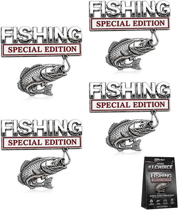 Fishing Special Edition Premium 3D Metal Vehicle Emblem Badge Chrome Realistic Bass Fish Hook Car Decal Rustproof Waterproof Auto Badge Exterior Decor for Truck SUV Boat Camper Toolbox(4pcs)
