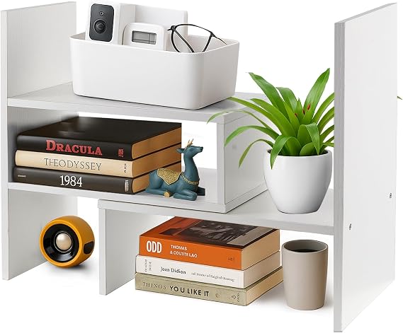 Adjustable Desktop Bookshelf Expandable Wooden Desk Organiser, Small Desktop Storage Rack for Books, Office Supplies, Space-Saving Bookcase for Home Office (White)