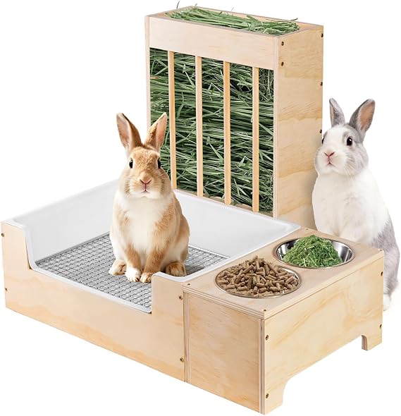 Extra-Large 3 in 1 Rabbit Litter Box with Hay Feeder and Bowls Set, Wood, Mess Proof, for Guinea Pigs, Chinchillas, Hamsters, and Rabbits