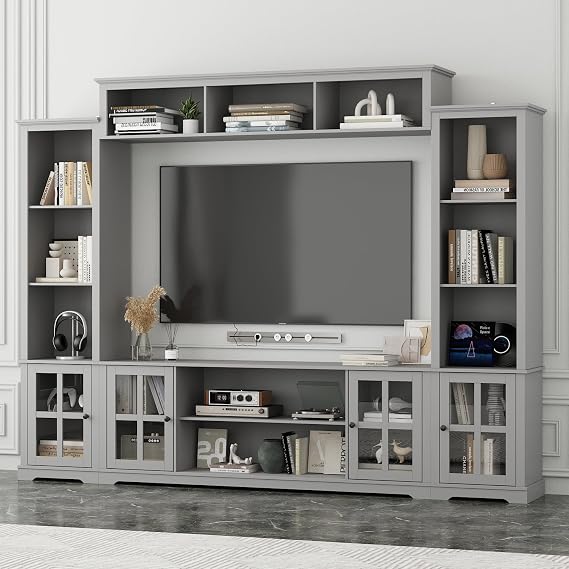 Wall Unit Entertainment Center, TV Wall Units for Living Room with Storage, 102" W Large Farmhouse TV Stand with Glass Doors, Ajustable Bookshelf & Bridge for Bedroom, Grey