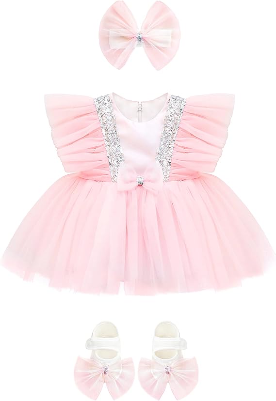 Lilax Baby Girl Sequins Tulle Dress, Gift Set with Headband and Shoes