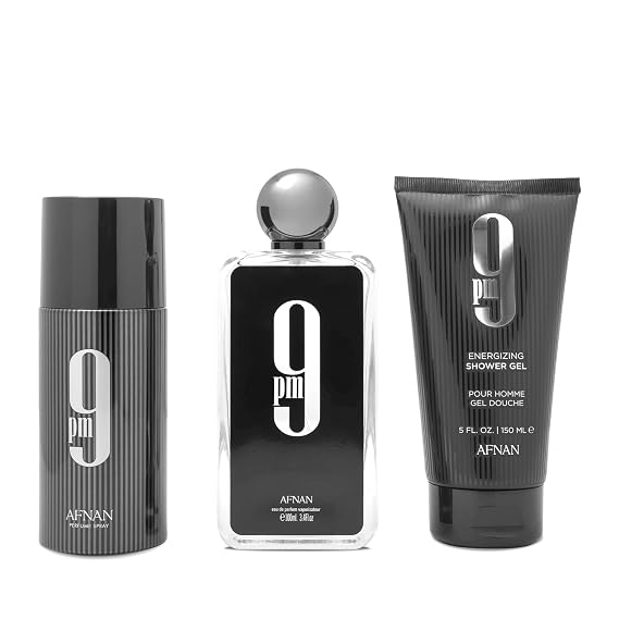 Afnan 9 PM Luxury Perfume Gift Set Eau De Parfum (3.4 Oz), Deodorant (5.0 Oz), Shower Gel (5.0 Oz)