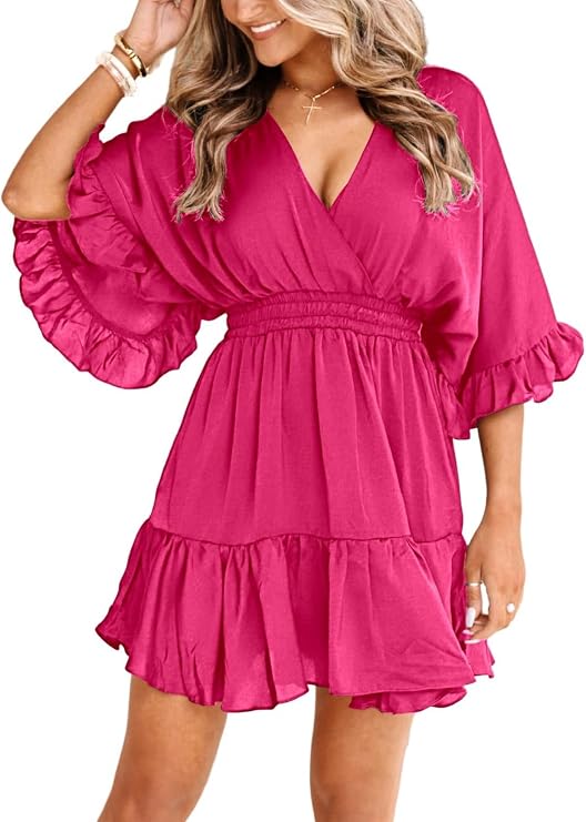 Aoysky Womens V Neck Casual Dresses Summer Cute Mini Short Western Dress | Wrap Dress, Loose Fit, High Waist, Ruffle Pleated, Smocked Waist, High waist, Elastic waist, A Line, Cute, Vacation, Work