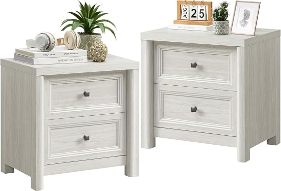 Farmhouse White Night Stand Set 2 Rustic Washed White Nightstand with Metal Knob Wood Beside Table with 2 Drawer End Table for Living Room Bedroom Furniture Wooden Bed Side Table 22.8 Wide Nightstand