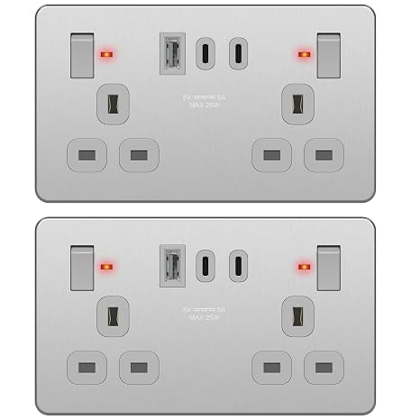 LIDER 2-Gang Switched 13A Socket, 25W Combined Output, Stainless Steel | LED Power Indicator, Always-On USB Port, 2 Pack, Use A 35mm-Deep Back Box, UKCA Certified, Child Safe & Insulation-Test Ready