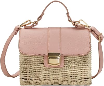 Straw Bag Top Handle Small Square Beach Bag Stylish Crossbody Purse Women Summer Casual Tote Hand Woven Two Tone
