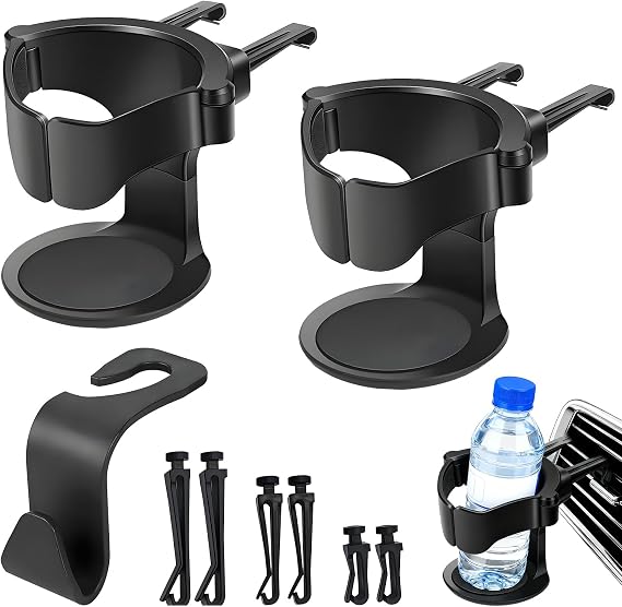 2 Pcs Car Cup Holders, Adjustable Air Vent Cup Holder with 3 Pairs Ventile Clips, and Car Seat Hooks Universal Car Beverage Organizer for Water Coffee and Juice Drink Stand-Black