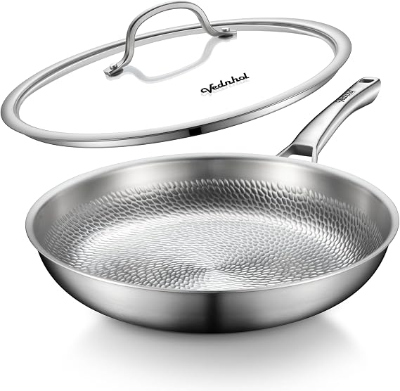 Titanium Pans for Cooking, 12 Inch Non-Toxic Frying Paella Pan with Lid | Titanium Hammered Pro skillet,PFAS/PFOA/PTFE Free Cookware, Dishwasher&Oven Safe, Kitchen Induction Compatible