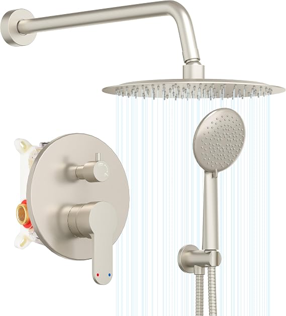 Gabrylly Shower System, 10" Rain Shower Head with Handheld, Brushed Nickel | Shower Faucet Set with Pressure Balance Shower Valve, Wall Mounted Shower Fixtures Shower Head and Handle Spray Combo