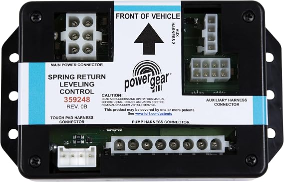 Lippert Power Gear RV Leveling Control Module for 3-Valve Spring Return Jack with Remote Level, Connects to Complete System, Touch Pad and Auxiliary Harness Connector - 1010001284