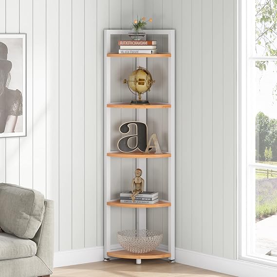 Tribesigns 5 Tier Corner Shelf, Modern Corner Bookshelf Small Bookcase Storage Rack Indoor Plant Stand for Living Room, Home Office, Kitchen, Small Space (Beechwood+White)
