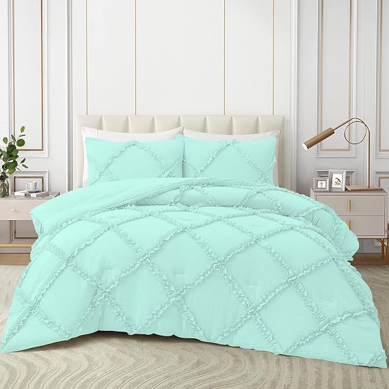 Luxurious 3 Piece Diamond Ruffle Duvet Cove Set Super Soft with Zipper Closure Hotel Collection 1000 Thread Count 100% Egyptian Cotton, Super King Plus Size (120" x 120") Inch - Aqua Blue