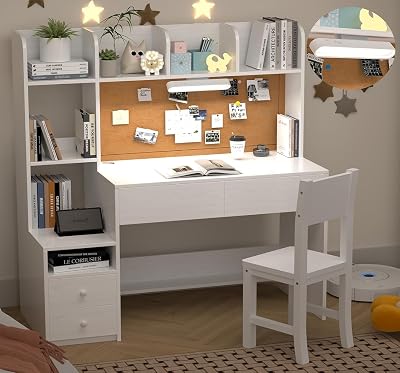 43 inch Kids Study Desk and Chair Set with Storage Hutch and LED Light, White Girls Desk with 4 Drawers for Childs Bedroom, Ideal for Homework for Ages 8-12