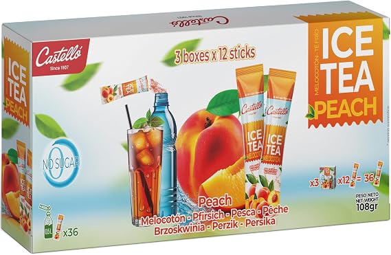Castello since 1907 Iced Tea (Ice Tea) Zero & Instant Sachets | Peach | Total 36 sachets | 1 sachet = 500 ml of Tea | Zero Calorie | Zero Sugar | Zero Aspartame