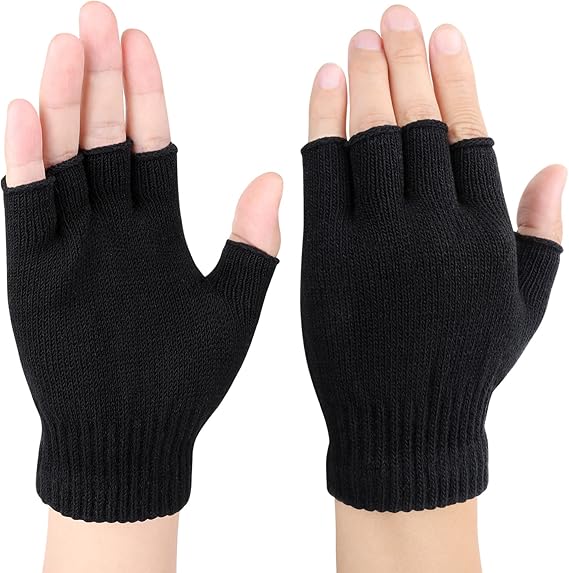 Black Fingerless Knitted Gloves for Men, Women & Kids - Thermal Winter Half Finger Gloves, One Size