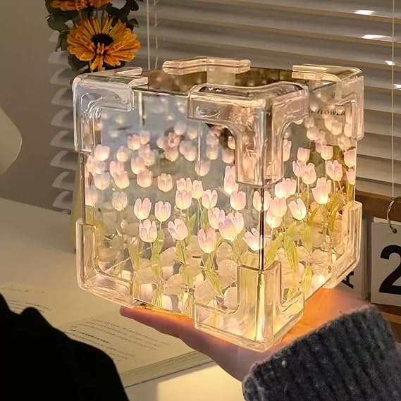 Tulip Night Light DIY Tulips Cube Mirror Lamp,FHandmade DIY Magic Cube Tulips Light,Bedroom Living Room Desktop Decor Birthday Christmas Gift for Mom,Girl,Friends (Pink)