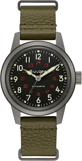 Bulova Men's Military Heritage Hack Stainless Steel 3-Hand Automatic Watch, NATO Leather Strap, Luminous Hands and Markers