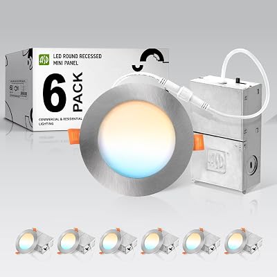 ASD 6 Pack LED Recessed Lighting 4 Inch 12W, 5 CCT 2700K-5000K CRI90, IC Rated Ultra Thin Dimmable Ceiling Lights with J Box, Canless Wafer Downlight, Round Slim Panel Light, UL Listed, Nickel