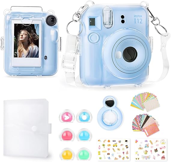 Rieibi Accessories for Fujifilm Instax Mini 12, Gift Bundle Includes Clear Instax Mini 12 Case with Strap, Mini12 Photo Album, Selfie Mirror, DIY Stickers, Color Filter (No Camera) - Blue