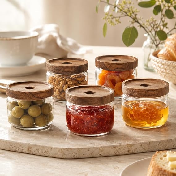 300 ml Cam Kahvaltılık 5’li Set, Akasya Kapaklı Şeffaf Cam Saklama Kavanozu, Kahvaltı Sunum Kabı, Zeytin Reçel Bal Kuruyemiş Sos Atıştırmalık Kavanozu