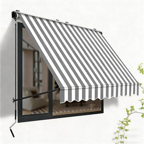 Retractable Awning, Screw-in Outdoor Sun Shade, Patio Sunshade Shelter With Manual Crank Handle, Polyester Water Proof Outdoor Canopy For Deck, Balcony, Yard(Gray+White,80x200cm)