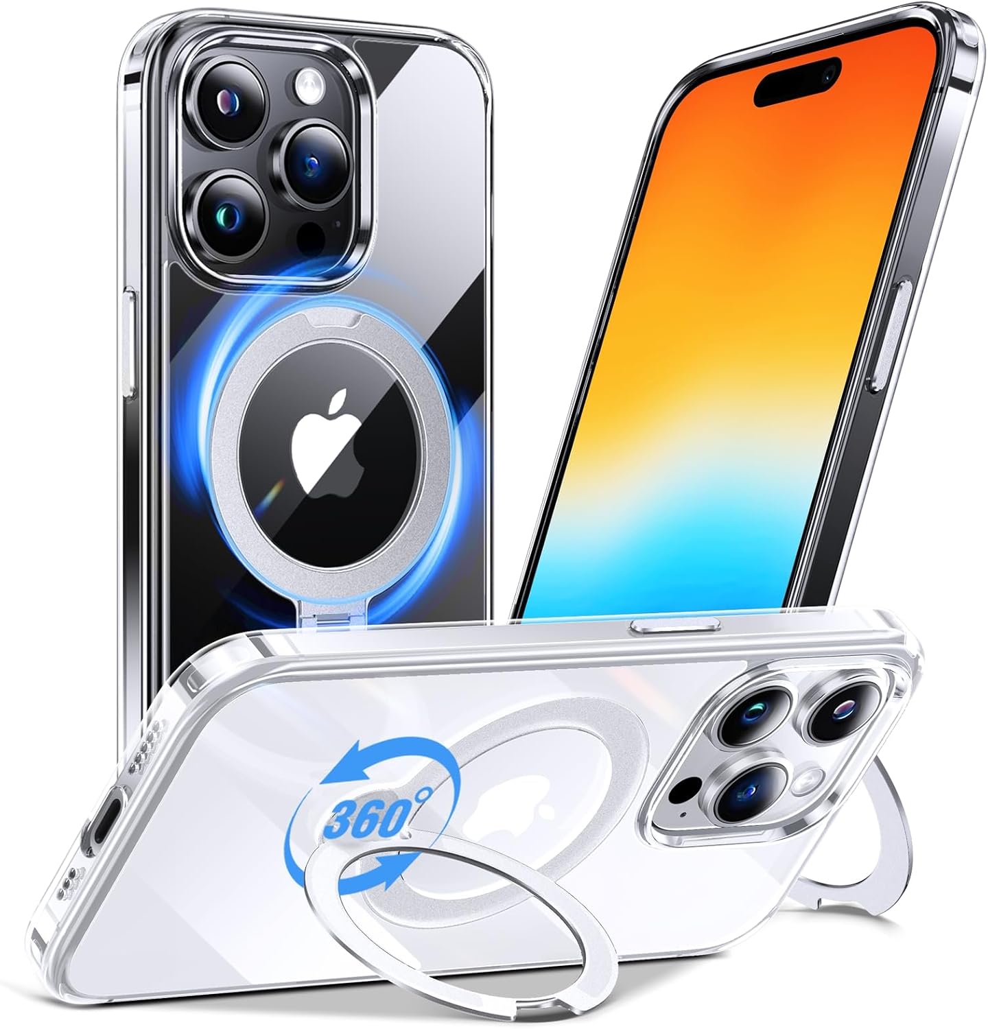 Anqrp 360° All-in-One Stand Case Crystal Clear for iPhone 15 Pro Case (Magnetic Robust Stand) [MagSafe Compatible] [Never Yellowing] Mobile Phone Case for iPhone 15 Pro Case Protective Case