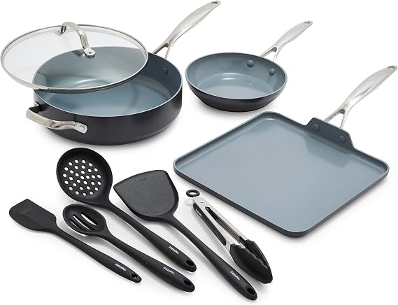 GreenPan Valencia Pro 11 Griddle Pan, 8 Frying Pan Skillet, 4.5QT Saute Pan Jumbo Cooker with Lid, 5-Piece Cooking Utensil Set, PFAS & PFOA -Free, Induction Suitable, Dishwasher & Oven Safe, Gray