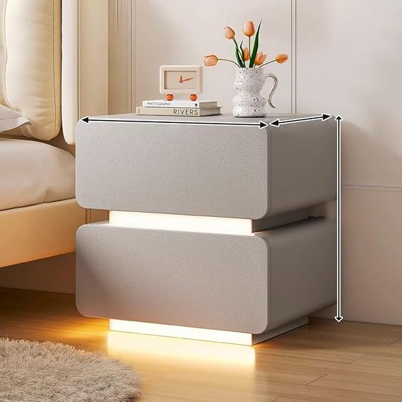 Modern Bedside Table, Smart Bedside Table with LED Sensor Light, Bedroom Solid Wood Side Table Wrapped with Soft PU Leather, Coffee Table Side Table with 2 Storage Drawers,Grey