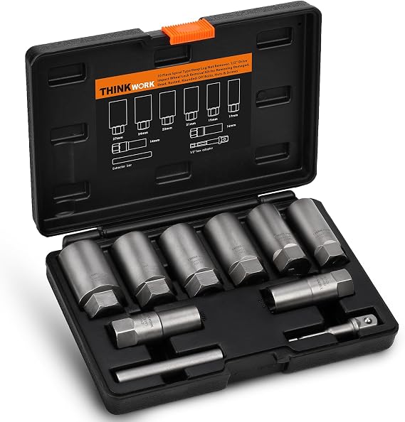 10-Piece Locking Lug Nut Removal Tool, 1/2" Drive Lug Nut Extractor Set | for Damaged, Rusted, Rounded-Off, Stripped Fasteners, Deep Well Design for Tight Spaces, 14-27mm, Cr-Mo Steel, Storage Case