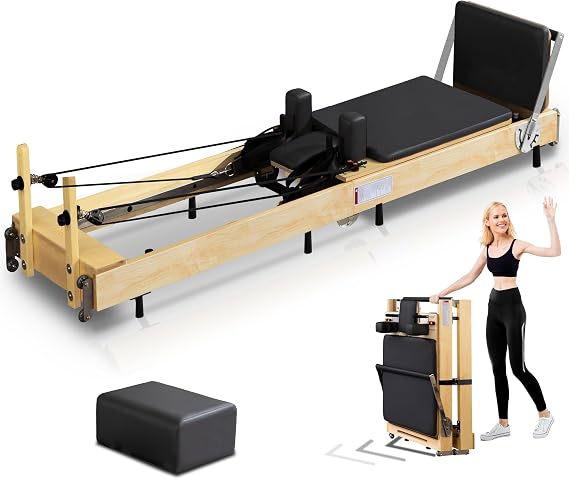 Pilates Reformer Machine Rubber Wood Pilates Bed Exercise Strength Training Foldable Reformer Equipment for Studio Home Gym Yoga Workout Mute Pilates Chair