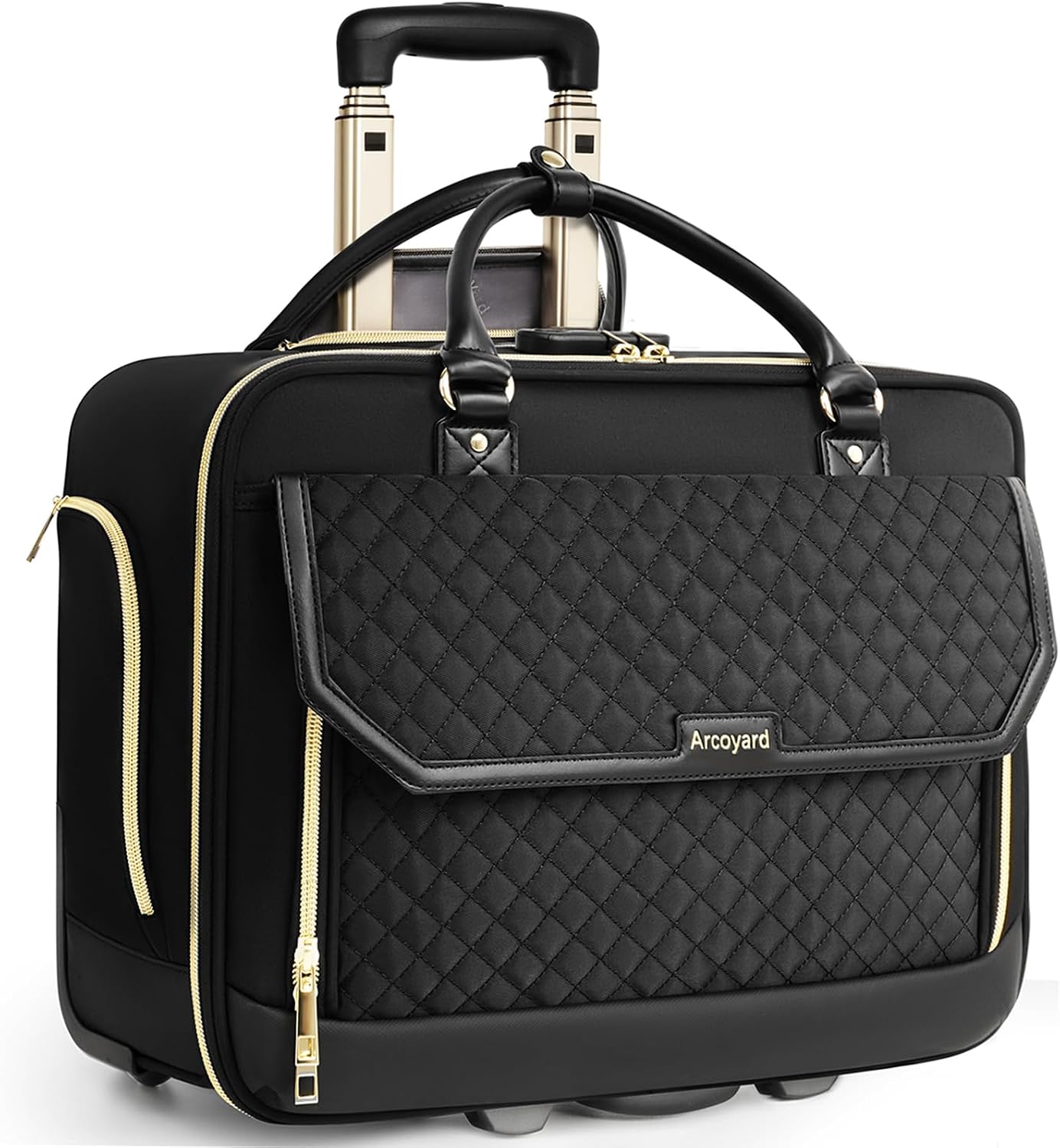 Rolling Laptop Bag, Waterproof Briefcase for Women with Wheels, 17.3 Inch Computer Bag with Leather Handle, Roller Teacher Bag for Work, Flight Approved, TSA Friendly, Black, Stylish