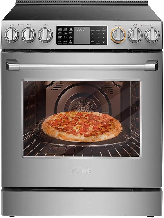 FOTILE Stainless Steel 30" Slide-In Electric Range with True Convection and Air Fry, 5-Burner Stove, 5.7 Cu. Ft. Oven, Self-Cleaning Mode, and Easy-Touch Controls (Standard)