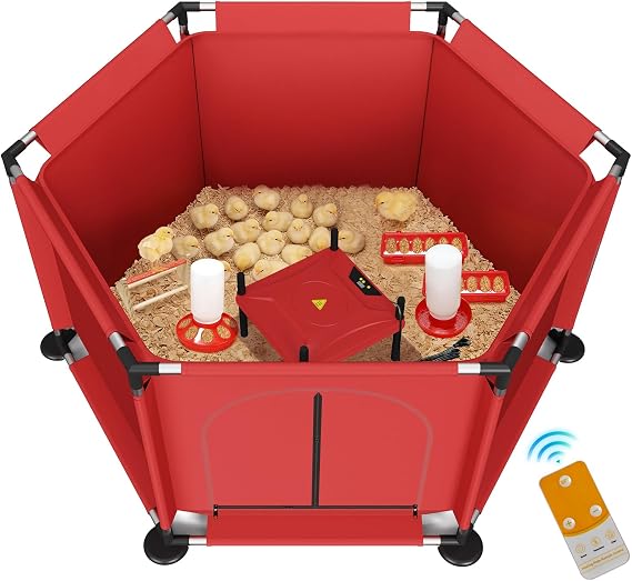 Brooder Box for Chicks, All-in-One Chick Starter Kit, Stainless Steel Frame Baby Chicken Brooder Playpen with Heater, Perch, Feeder & Waterer Set, Up to 30 Chicks, Hexagon Style