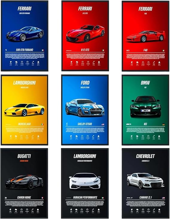 9PCS Super Car Posters for Bedroom, Racing Car Wall Art Decor For Home Living Room Bedroom, Waterproof Canvas Wall Art Pictures No Framed - FERRARI/LAMBORGHINI/BMW/FORD/BUGATTI/CHEVROLET (9pcs)