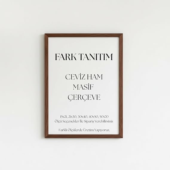 Fark Tanıtım Premium Masif Çam Çerçeve - 3mm MDF Arkalık - 500 Mikron Kırılmaz Şeffaf PVC Ön Koruma - Şık ve Dayanıklı Duvar Ahşap Çerçevesi (Ceviz, 15cm x 21cm)