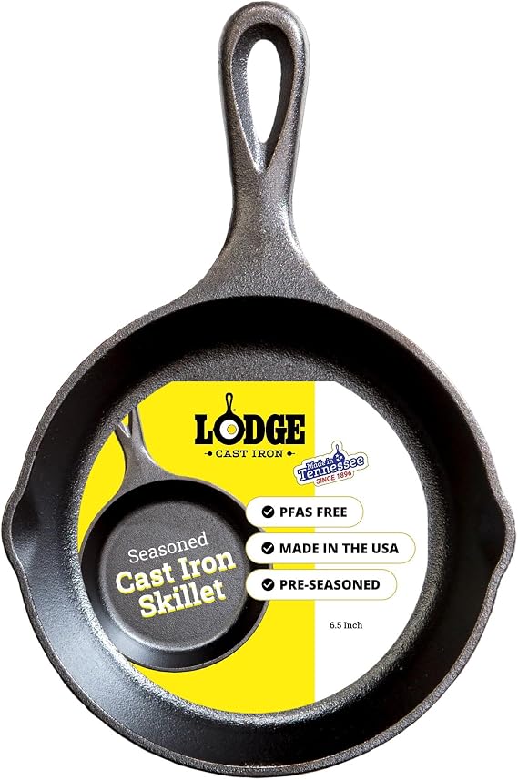 Lodge Pre-Seasoned Cast Iron Skillet, PFAS-Free, 6.5 Inches | Non-Toxic & Naturally Non-Stick Cast Iron Pan, Compatible with Oven, Stove, Grill & Campfire, Made in USA