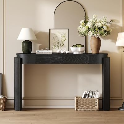 Entryway Table with Natural Wood Grain Finish, Wood Console Table with Fluted Design, Oval Top and 2 Drawers for Living Room, Entryway, Black